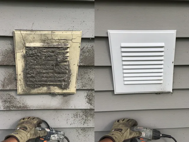 Rehoboth Dryer Vent Cleaning technician installing high-quality dryer vent cover at a residential property in Rehoboth