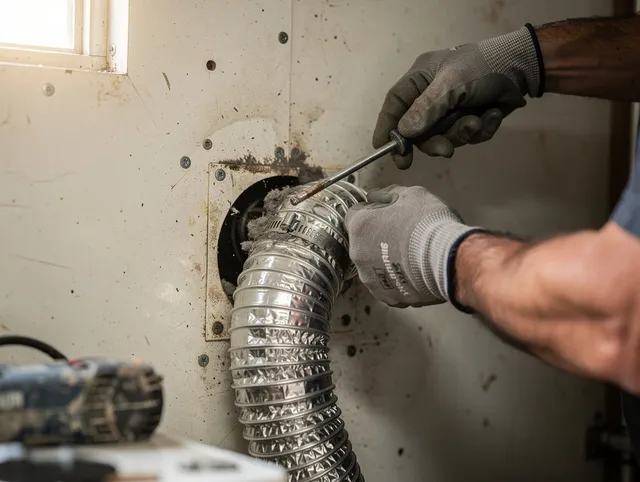 Rehoboth Dryer Vent Cleaning technician performing precise dryer vent hose installation in Rehoboth